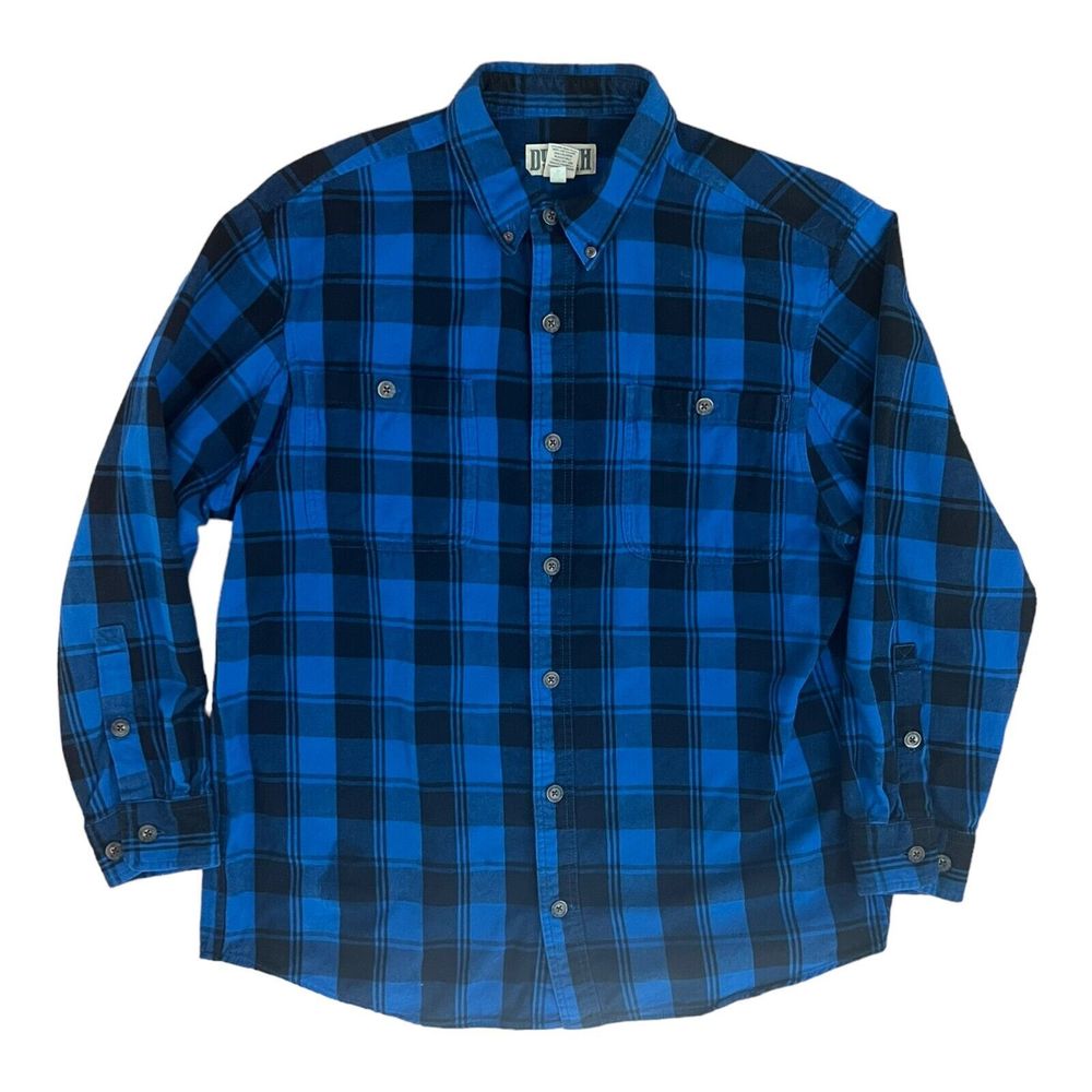 Duluth Trading Mens Flannel Shirt L Blue/Black Cotton Plaid Long Sleeve Collared